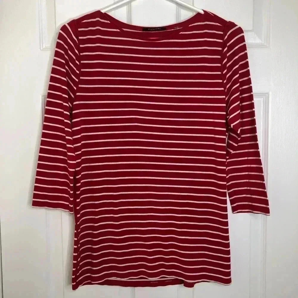 Tahari Long Sleeved Shirt Red & White Striped Size Medium